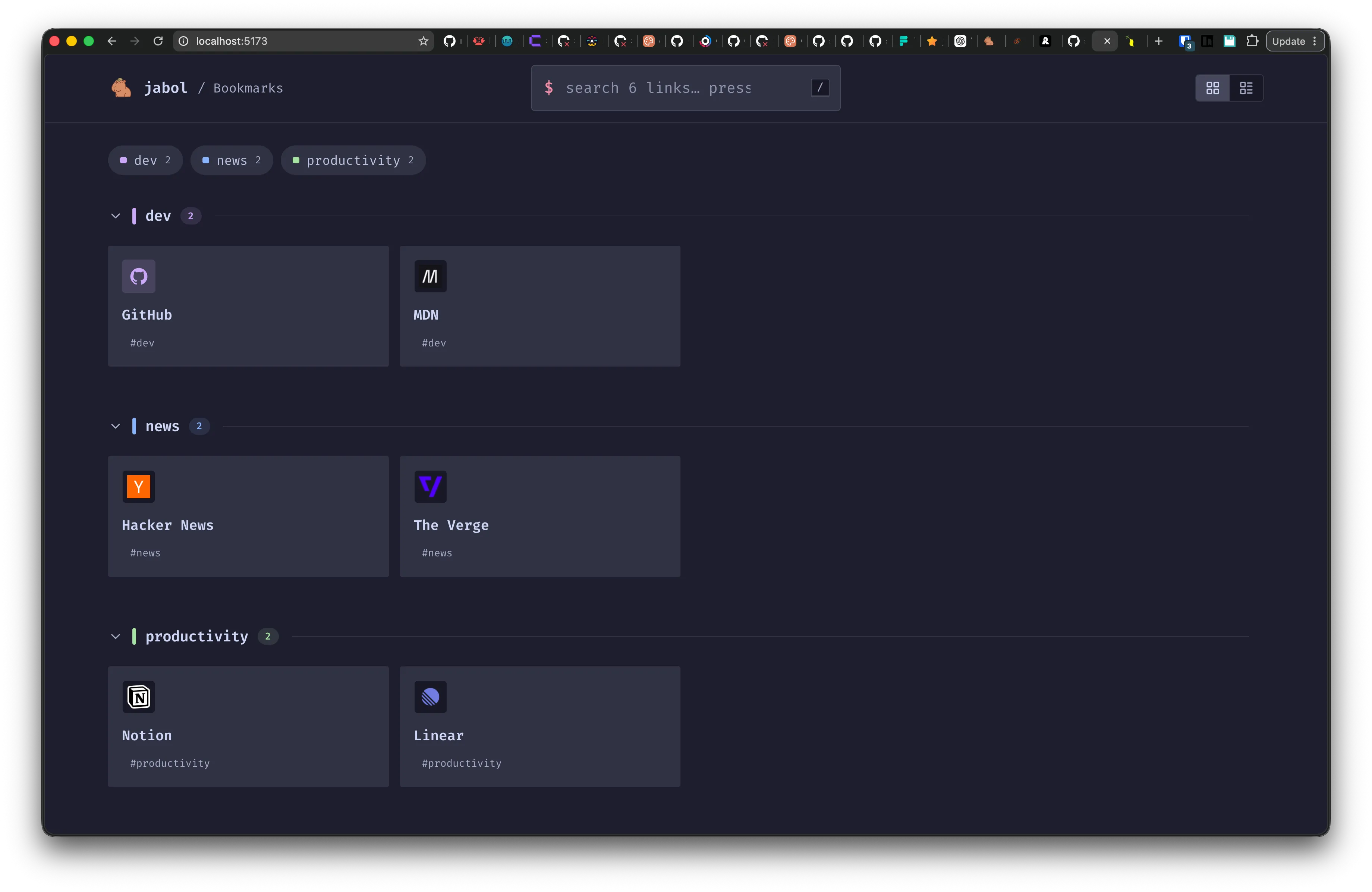 jabol home page — categorized link cards with favicons and OG image heroes
